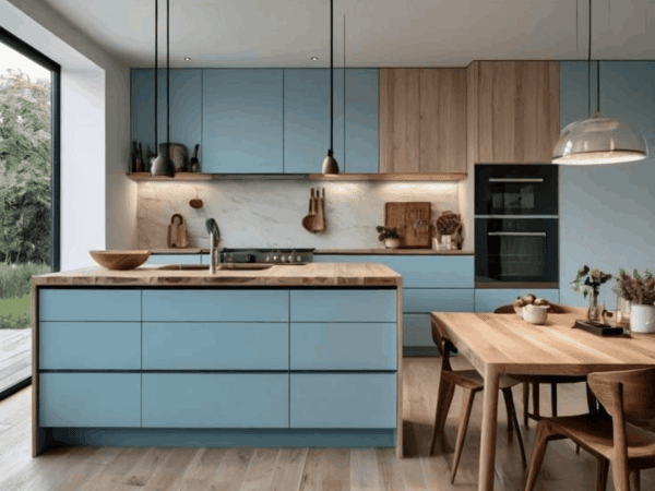 Inspirasi model kitchen set minimalis HPL motif serat kayu natural elegan modern