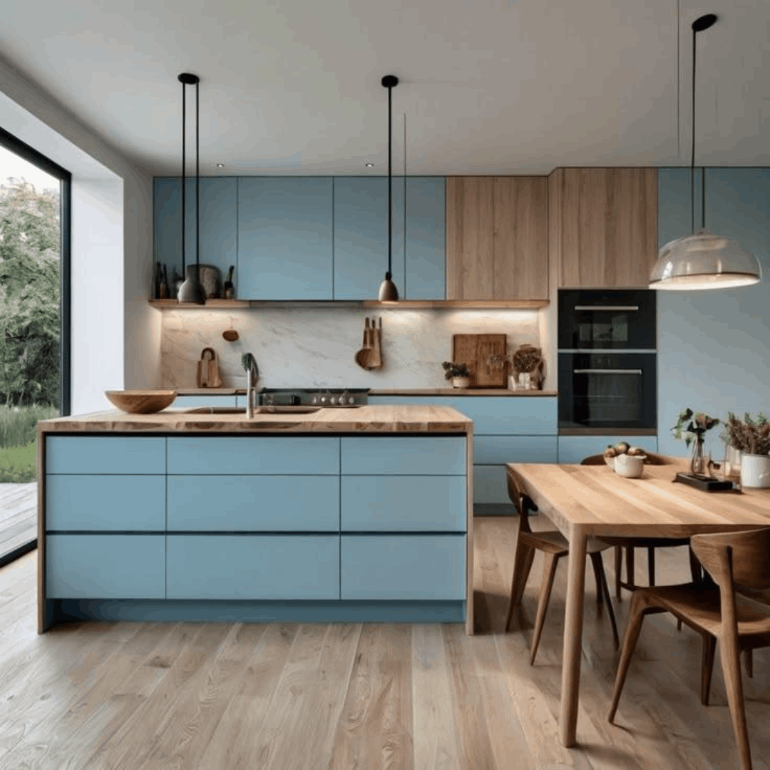 Inspirasi model kitchen set minimalis HPL motif serat kayu natural elegan modern