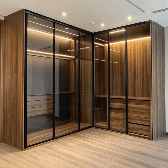 Model lemari pakaian minimalis custom pintu sliding kaca full plafon kamar sempit