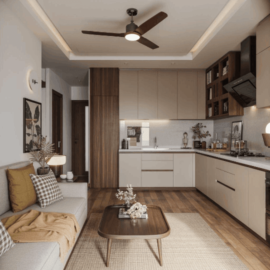 Desain interior apartemen studio sempit 18m2 gaya japandi minimalis modern