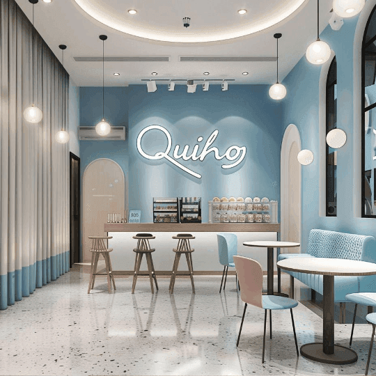 Inspirasi interior cafe minimalis warna pastel instagramable untuk anak muda