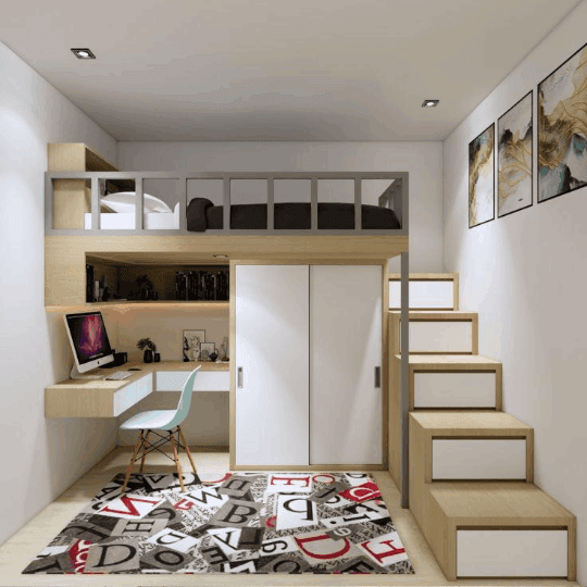 Model interior kamar anak tingkat dengan lemari pakaian tanam hemat ruangan
