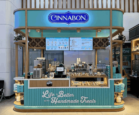 Model booth mall lapisan HPL glossy elegan untuk jualan minuman franchise