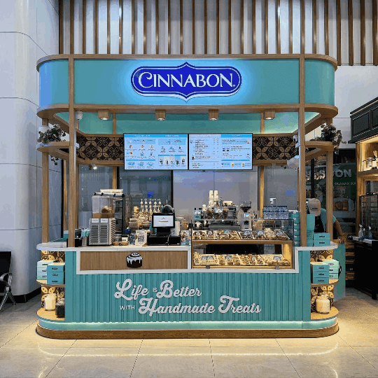 Model booth mall lapisan HPL glossy elegan untuk jualan minuman franchise