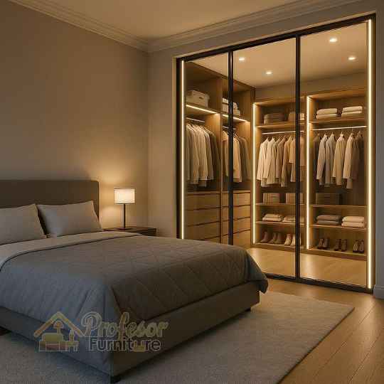 Model lemari pakaian minimalis custom pintu sliding kaca