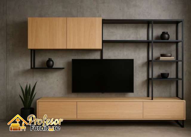 Jasa lemari tv industrial di Tangerang retro gratis 3D