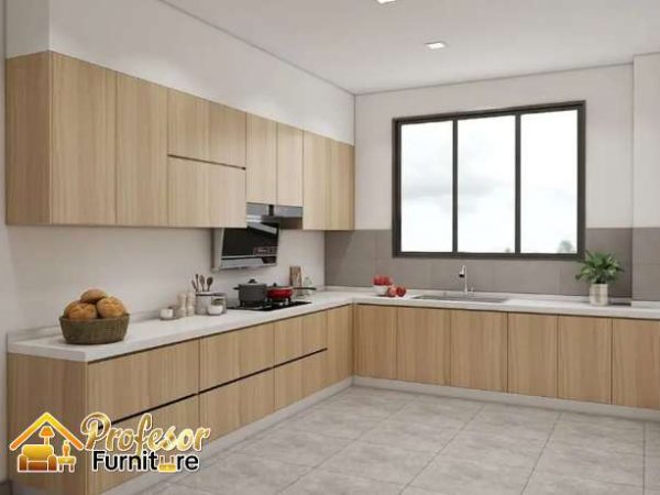 Jasa kitchenset hpl Depok motif kayu elegan