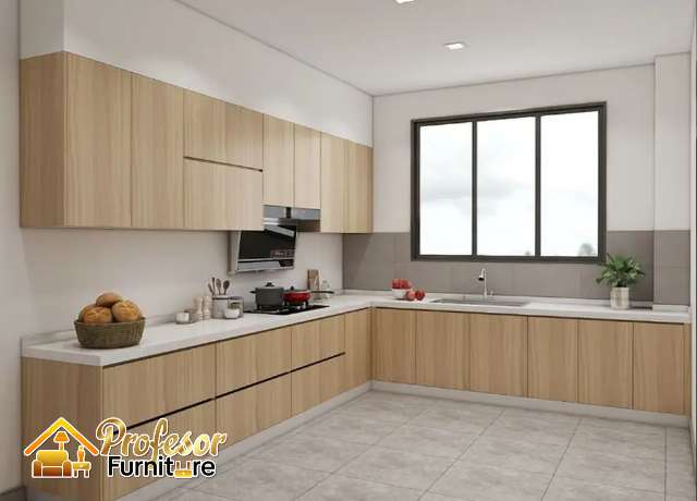 Jasa kitchenset hpl Depok motif kayu elegan