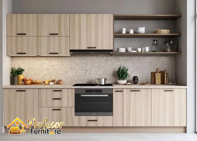 Jasa kitchenset hpl Depok motif kayu elegan